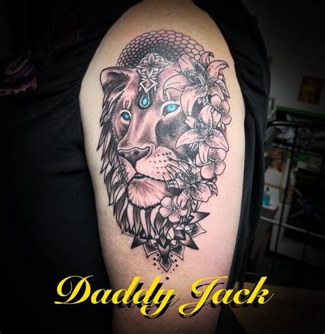 Lion with floral/geometric background by Daddy Jack : Tattoos