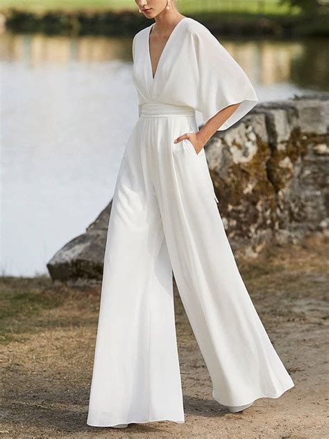 Simple Solid Color V Neck Half Sleeves Wide Leg Jumpsuits Artofit