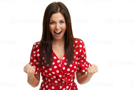 Caucasian Brunette Woman Having Fun And Smiling Isolated Over White