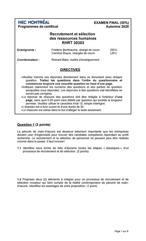 Examen Recrutement Examen Final Programmes De Certificat