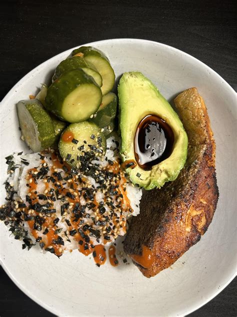 Pan Seared Salmon White Rice Avocado And Kimchi Pickles Dining And Cooking