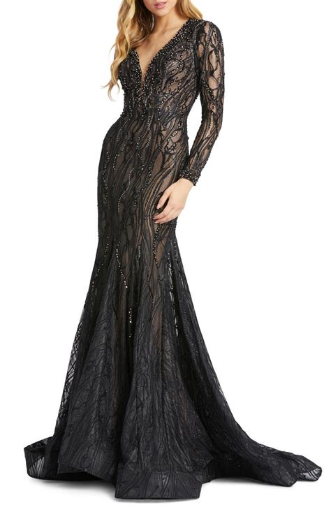 Mac Duggal Long Sleeve Lace Beaded Mermaid Gown Nordstrom