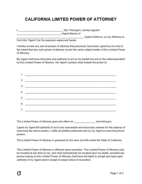 Free California Limited Power Of Attorney Form Pdf Word Rtf