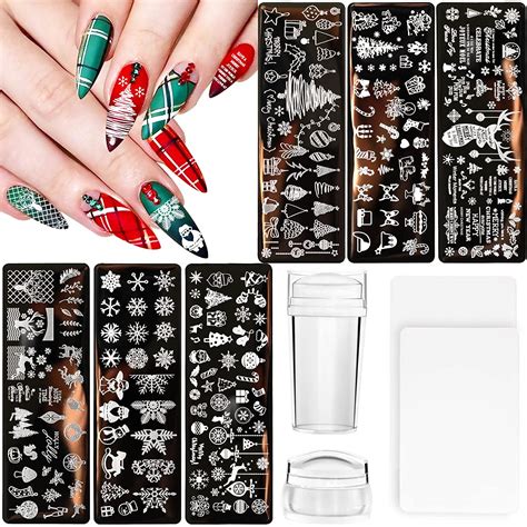 Juego De 10 Placas De Estampado De Uñas De Navidad 6 Plantillas De Arte De Uñas 2 Sellos Y 2