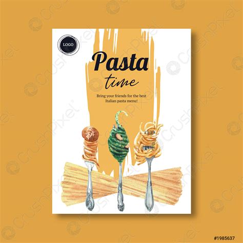 Pasta poster design with pasta, fork watercolor illustration - stock vector | Crushpixel