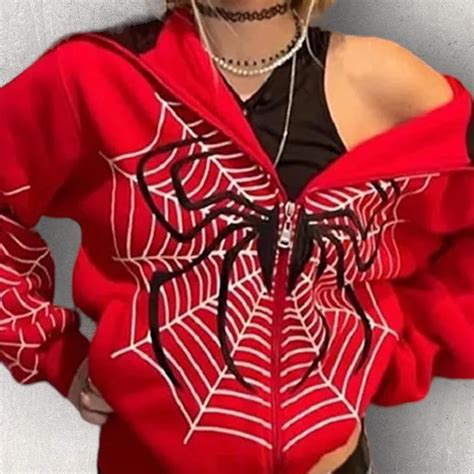 Harajuku Spider Print Hoodie Y2k Full Zip Up Streetwear Etsy