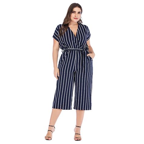 Wipalo Women Casual Plus Size Striped Jumpsuit Plunging Neck Short