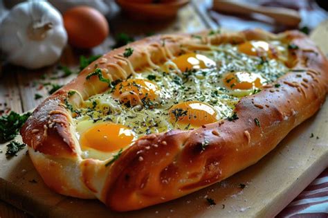 Georgian Khachapuri Bread With Egg And Cheese On Rustic Wooden Table