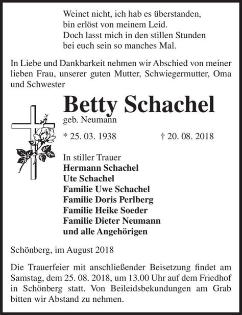 Traueranzeigen Von Betty Schachel Geb Neumann Abschied Nehmen De