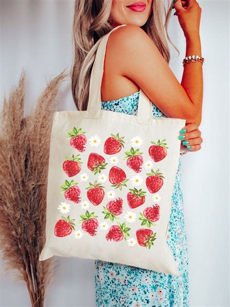 Strawberry Tote Bag Strawberry Bag Strawberry Tote Cute Canvas Etsy