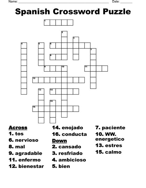 Printable Spanish Crossword Puzzle