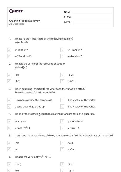 Graphing Parabolas Worksheets For Grade On Quizizz Free Printable