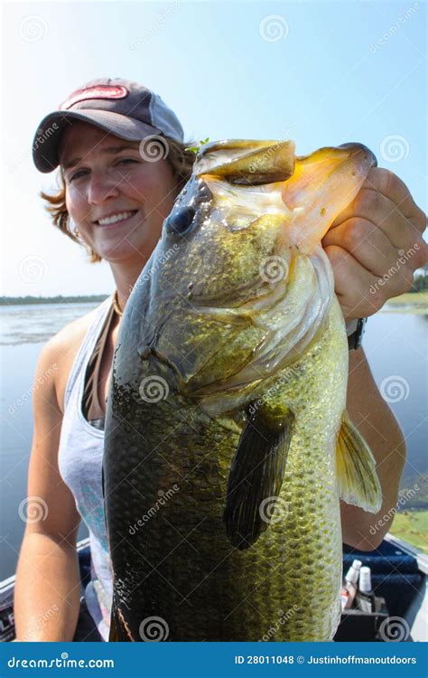 Woman Fishing Large Mouth Bass Attractive Stock Photo Image Of