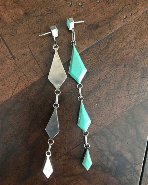 Navajo Long Green Turquoise Drop Earrings Silver Plume