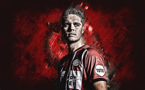 Joey Veerman, PSV, dutch football player, portrait, red stone background, football, PSV ...