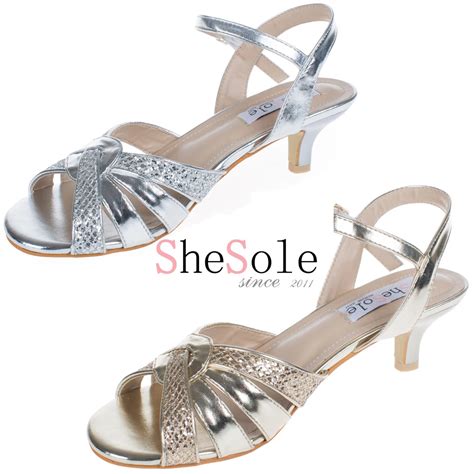 ShoSole Brand Silver Low Heel Wedding Shoes Kitten Heels Sandals Gold