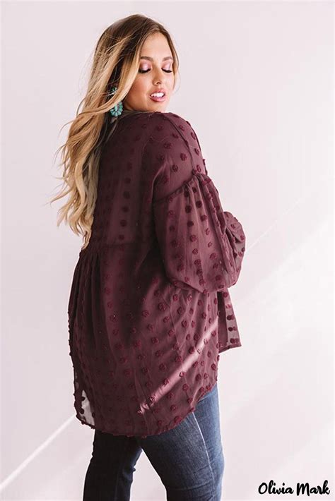 Olivia Mark Plus Size Polka Dot Lantern Sleeve V Neck Wine Red Blouse