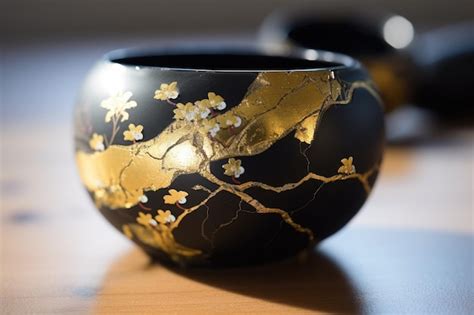 Premium Photo Antique Black And Gold Kintsugi Bowl Restoration Of