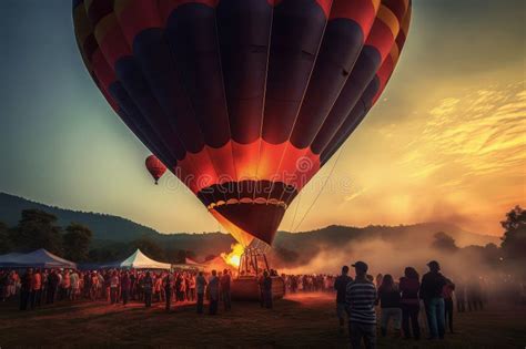 Hot Air Balloon On The Ground Landing Or Starting To Launch With Unrecognizable People AI