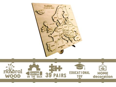 Map of Europe Wooden Puzzle Engraved Continent Educational - Etsy