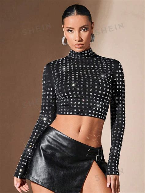 Shein Bae Mock Neck Rhinestone Crop Tee Shein Usa