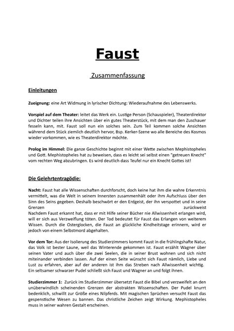 Faust Deutsch Summary Q Faust Zusammenfassung Einleitungen