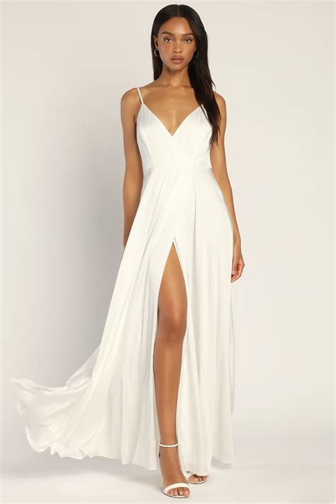 Gorgeous White Dress Surplice Gown Satin Maxi Dress Lulus