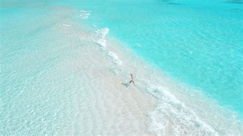 Woman Walk On Tropical White Sand Beach With Turquoise Ocean Bikini Woman On Her Vacation In