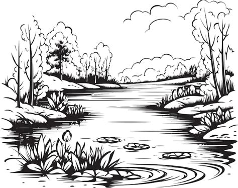 Premium Vector | A drawing of a river with trees and a river with a ...