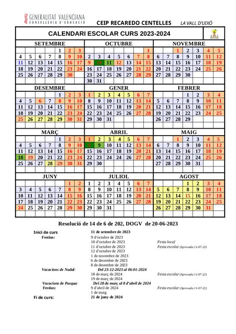 Calendari Escolar Ceip Recaredo Centelles