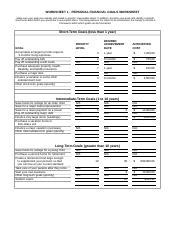 Worksheet 1 Personal Financial Goals Xls WORKSHEET 1 PERSONAL