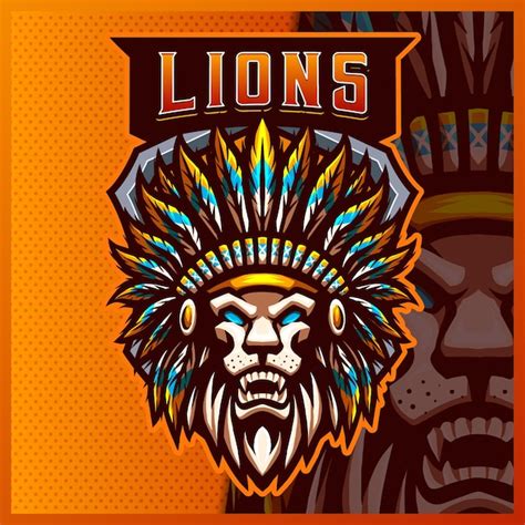 Lion Indian Mascot Esport Logo Design Ilustraciones Vector Plantilla