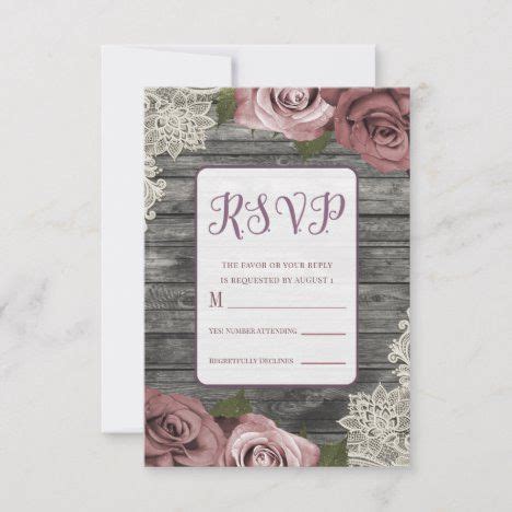 Dusty Pink Roses Grey Rustic Wood Lace Wedding Rsvp Card Zazzle