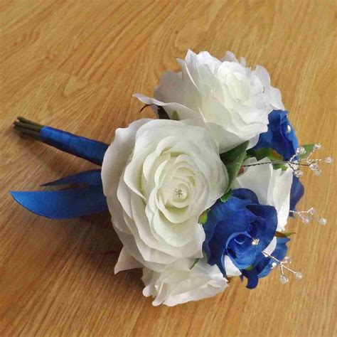 Royal Blue And Ivory Silk Rose Bridesmaid Bouquet Artificial Bouquets