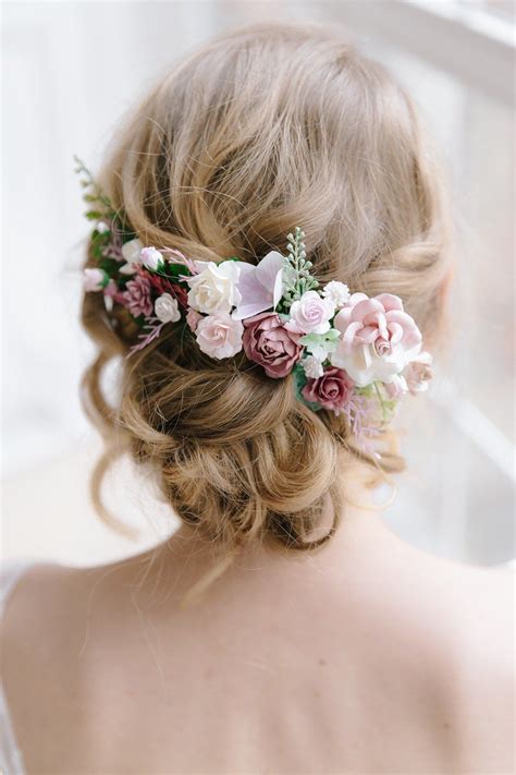 Floral Hair Comb Made With White Dusty Rose Mauve Pale Pink Flowers