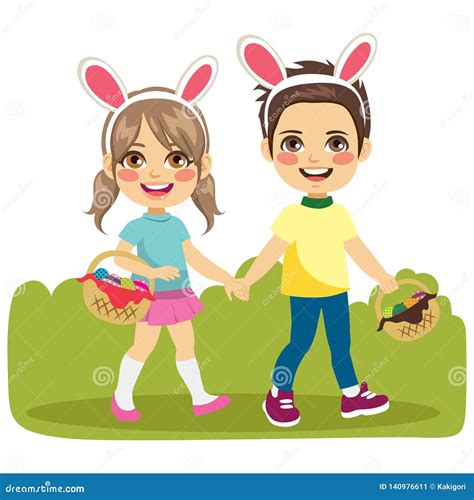 Children Easter Walking Stock Vector Illustration Of Girl 140976611