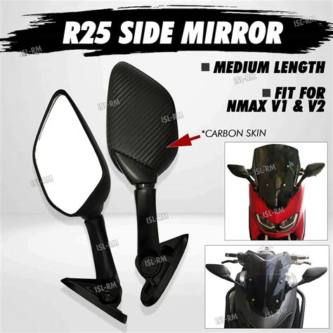 R25 Side Mirror Carbon Heavy Duty Black Yamaha NMAX V1 V2 Medium Length