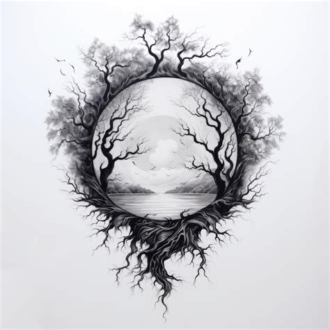 Premium AI Image | Circular Tree of Life Tattoo Monochrome Design