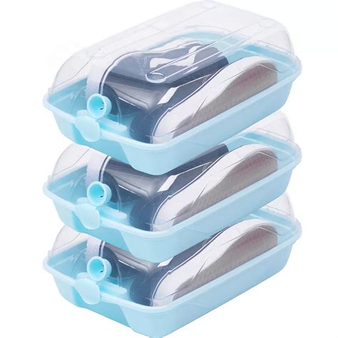 Basicwise Blue Plastic Shoe Box Storage Container With Clear Lid Set