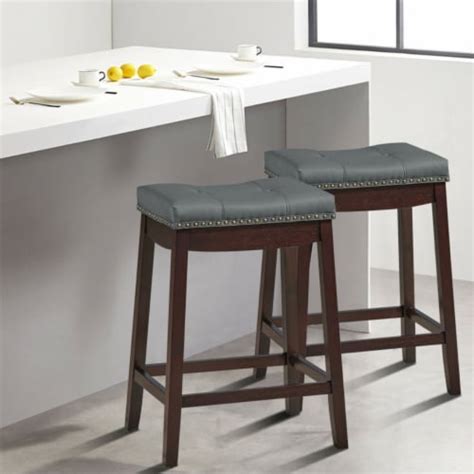 Set Of 2 Nailhead Saddle Bar Stools 24 Counter Stools Brown With Grey