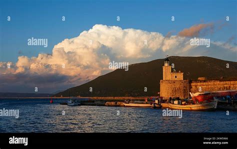 Lighthouse White Heap Clouds Blue Sky Boats Green Hill Lefkada