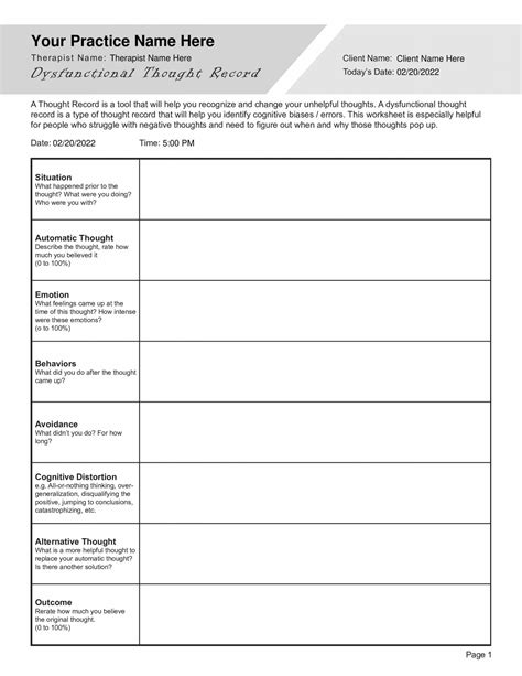 Dysfunctional Thought Record Worksheet Editable Fillable Printable