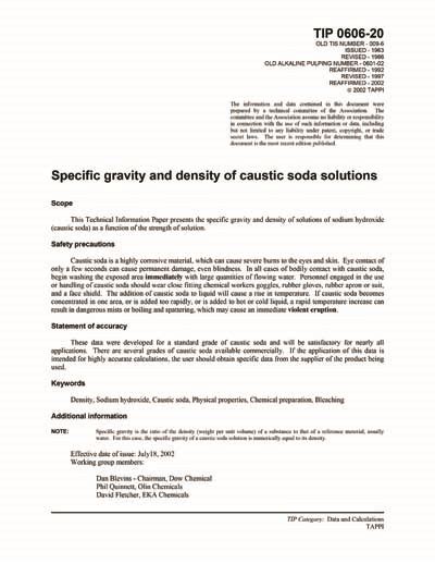 Tip 0606 20 Specific Gravity And Density Of Caustic Soda Solutions