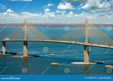 Aerial View Of Sunshine Skyway Bridge Over Tampa Bay In Florida With