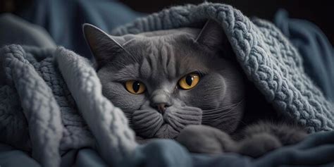 Premium Photo Chartreux Cat Snuggled Up In A Fuzzy Blanket On A Bed