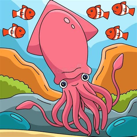 Giant Squid Coloring Page Colored Illustration Stock Vector