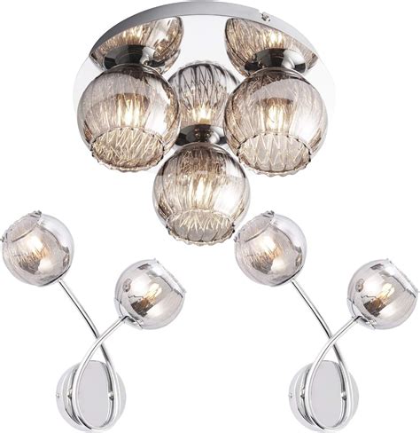 Flush 3 Bulb Ceiling & 2X Twin Wall Light Pack | Chrome & Smoked Mirror Glass Shade | Matching ...