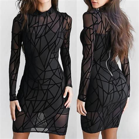 Sexy Geo Pattern Mesh Back Zipper Bodycon Dress Korean Fashion Dress