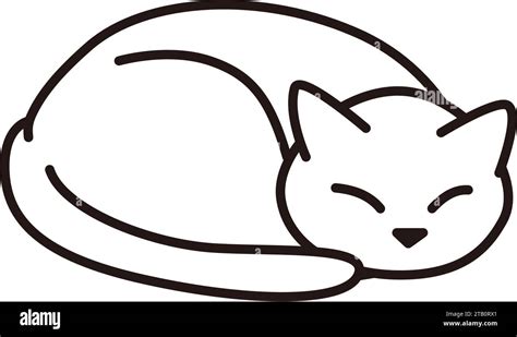 A Cat Curled Up And Sleeping Happily Monochrome Line Drawing Simple And Cute Style