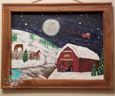 Hand painted Christmas barn scene. | Wall art, Hand painted, Painting